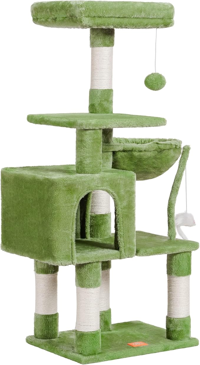 Heybly Cat Tree with Toy, Cat Tower condo for Indoor Cats, Cat House with Padded Plush Perch, Cozy Hammock and Sisal Scratching Posts, Green HCT004SGR