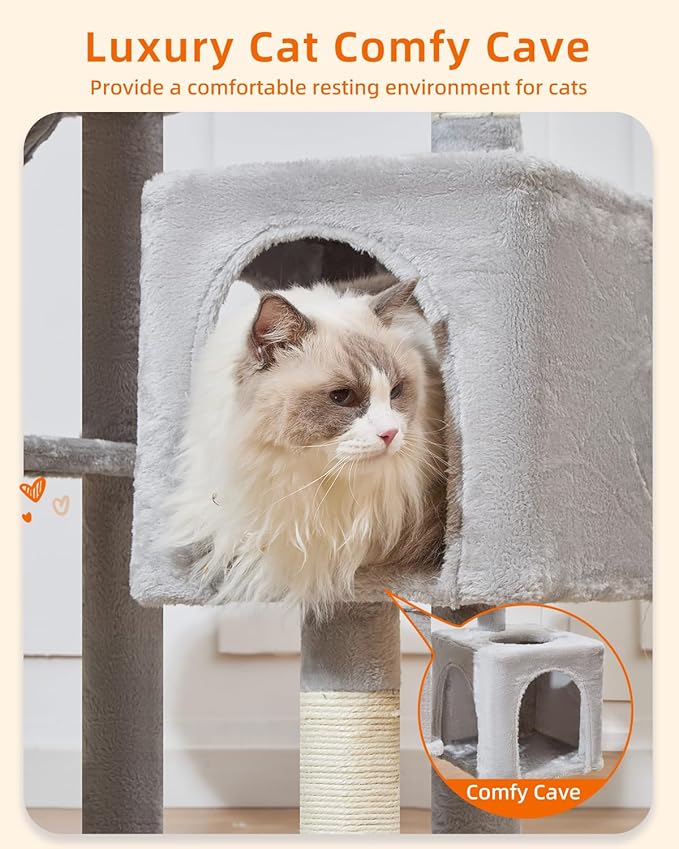 Taoqimiao Cat Tree, 48-Inch Cat Tower for Kittens, Cat Tree Tower with 5 Scratching Posts, Plush Cat Condo with Plush Perch, 2 Hammock, Pompoms, Light Gray MS019L-W