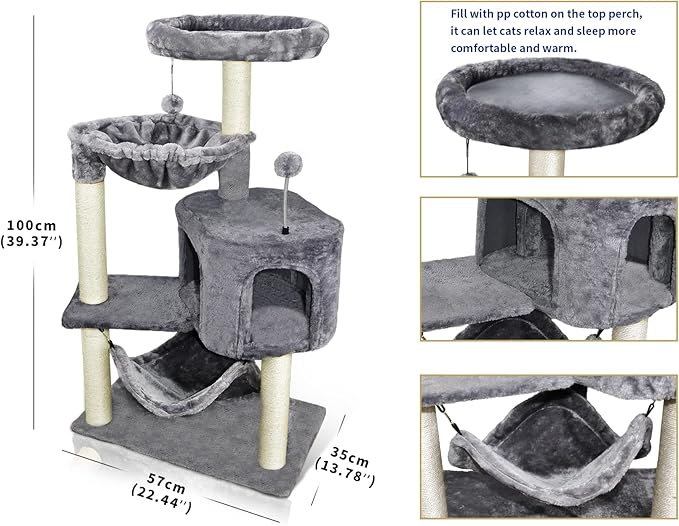 YUNIQUE Cat Tree with Cat Condo and Big Hammock, Grey