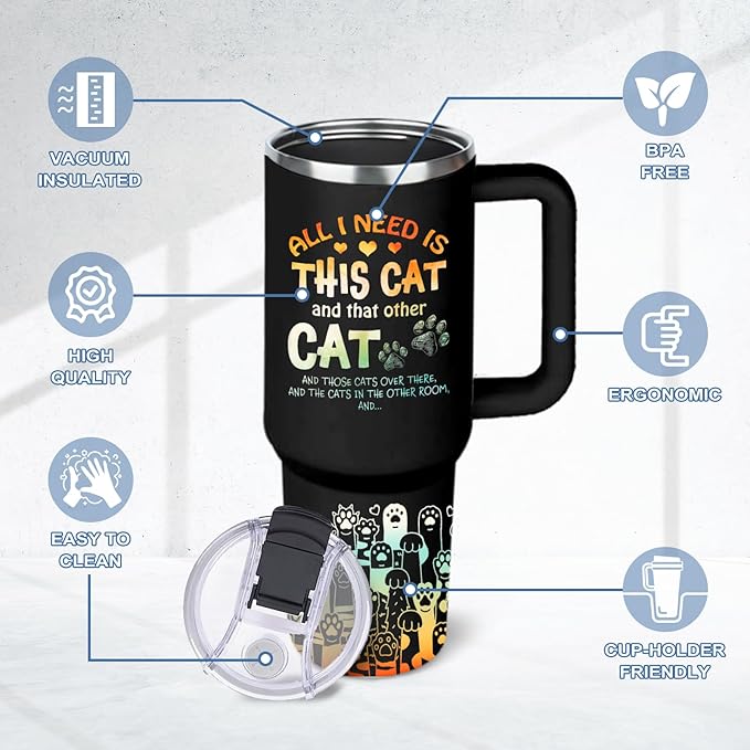 All I Need Is This Cat Tumbler For Women, Cute Paw Print Tumbler For Cat Lovers With Handle 40 Oz, Birthday Christmas Gifts For Men, Cute Animal Travel Coffee Cup