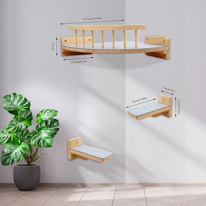 Cat shelves for wall with 4 Steps Scratch Post 13 * 13 in Indoor Walled Mounted Cat Bed with 6 Felt Pad Wood Cat Bed Hammock with Climbing Shelf for Cats Support 20 LBS