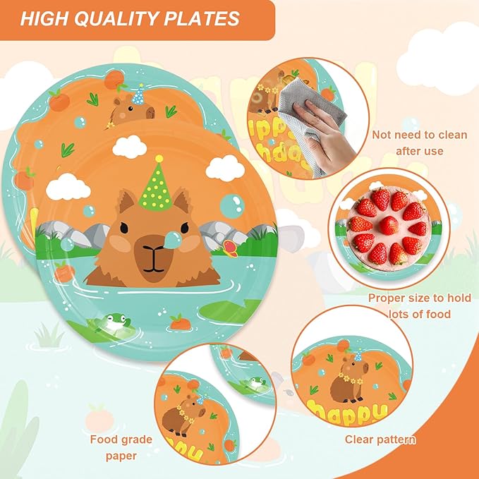 48Pcs Kapybara Birthday Party Supplies Cartoon Animal Theme Tableware Set Plates and Napkins Forks Serves 16 Guests Cute Capy Baby Shower Birthday Party Decorations