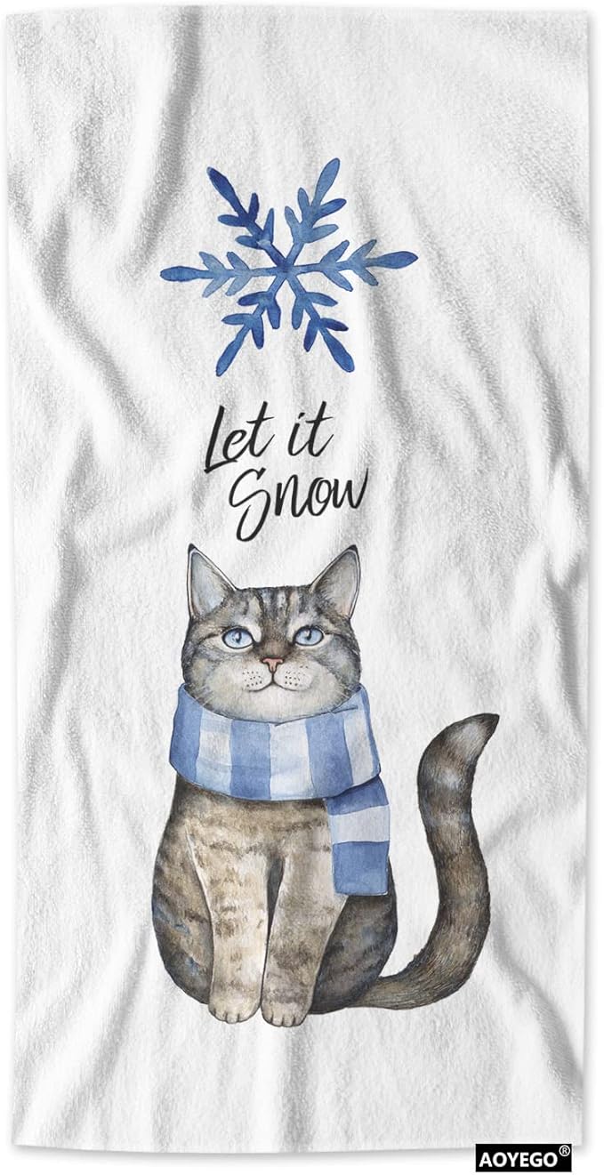 AOYEGO Gray Cat Kitchen Towel Winter Snowflake Kitten with Blue Striped Scarf Hand Towel Soft Absorbent Microfiber Towels for Hair Spa Hotel 15x30 Inch