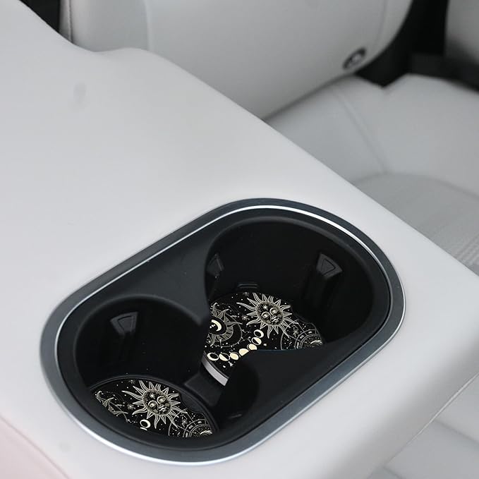 Absorbent Car Coasters 2 Pack for Cup Holders, 2.56" Ceramic Stone & Non-Scratch Cork Base Drink Coasters(Moon and Sun)