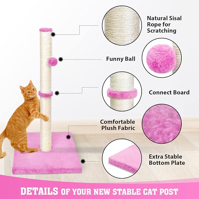 petellow 31'' Tall Cat Scratching Post - Cat Claw Scratcher with Hanging Ball - Scratching Posts for Indoor Large Cats - Durable Stable Cat Furniture with Sisal Rope - Cat Scratch Post - Pink