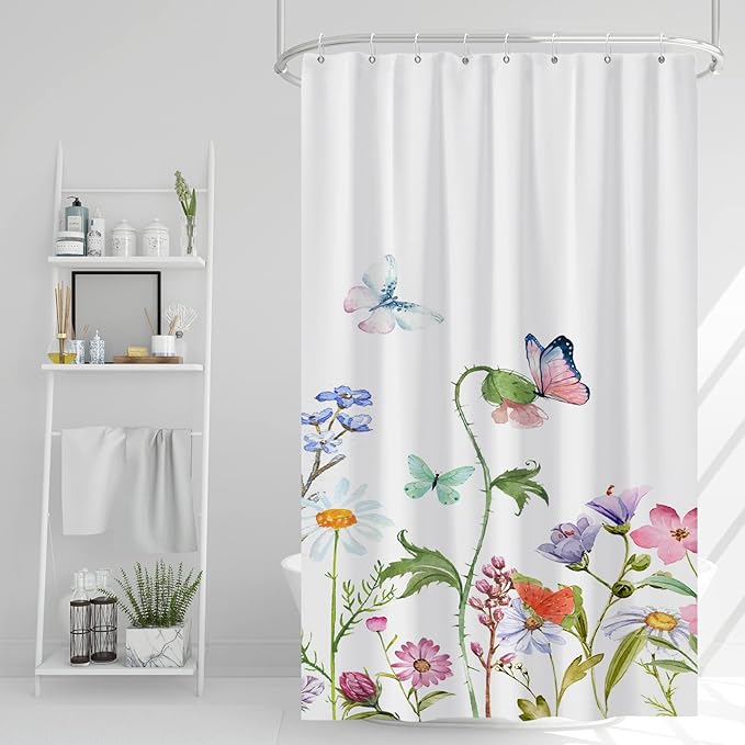 AWERT Butterfly Wildflowers Small Half Size Stall Shower Curtain with Hooks Shower Stall Curtain for Bathroom/RV and Camper 48 x 72