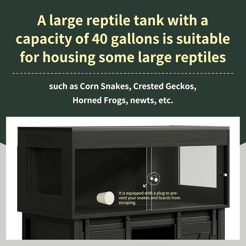 40 Gallon Reptile Terrarium with Stand, Reptile Tank with Barn Door and Storage, Vivarium with Acrylic Doors, Ventilated Mesh Top & Power Outlet, for Geckos, Lizards, Snakes Black PX06RTB