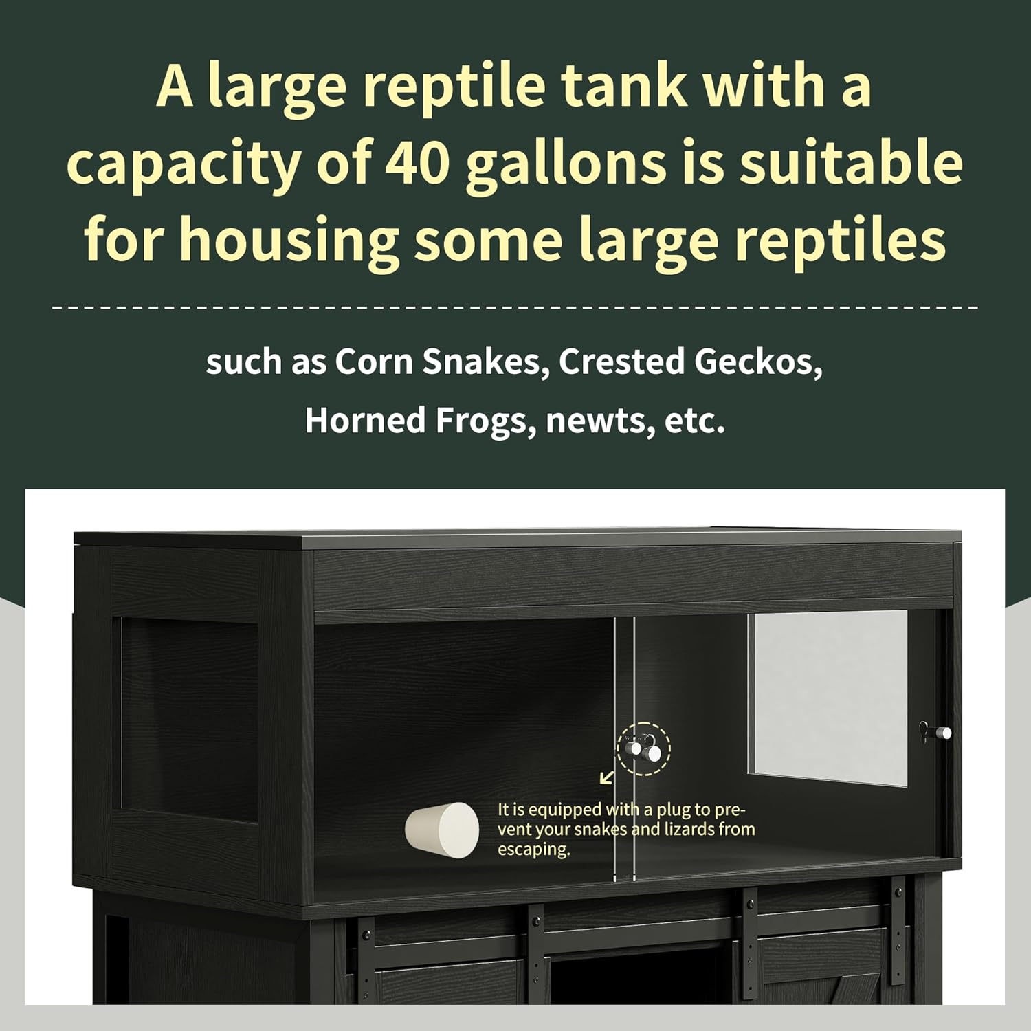 40 Gallon Reptile Terrarium with Stand, Reptile Tank with Barn Door and Storage, Vivarium with Acrylic Doors, Ventilated Mesh Top & Power Outlet, for Geckos, Lizards, Snakes Black PX06RTB