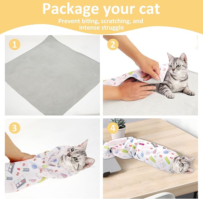 3PCS Cat Grooming Wrap, Self Adherent Cloth Cat Wrap for Cutting Nails, Cat Swaddle Wrap for Cleaning Ear Brushing Teeth, Multifunctional Cat Restraints Bag for Holding Cat to Non-Bite/Scratch/Runaway