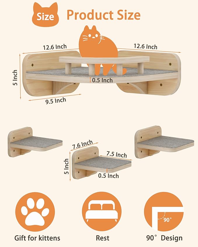 Megidok Cat Wall Furniture Corner Climbing Shelf Perches, Cat Bed Wall Mounted with 3 Wide Steps,Modern Floating Stairs for Wall Indoor Cats up to 22 Lbs for Cat - Wood Color
