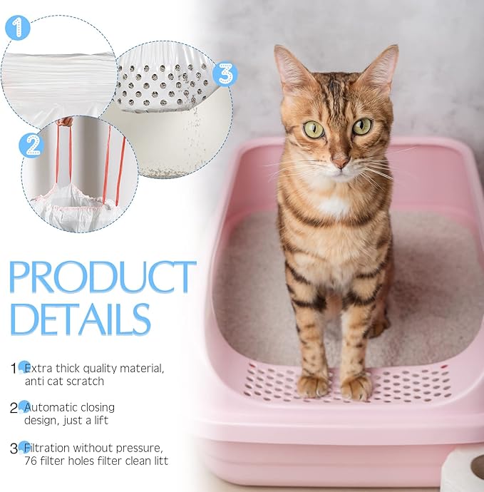 28 Count Large 31 x 18 Inch Sifting Cat Litter Bags Thick Cat Litter Box Liners with Holes Portable Thick Scratch Resistant Cat Litter Bags Drawstring Litter Box Liners for Pet Cat Litter Box Supplies