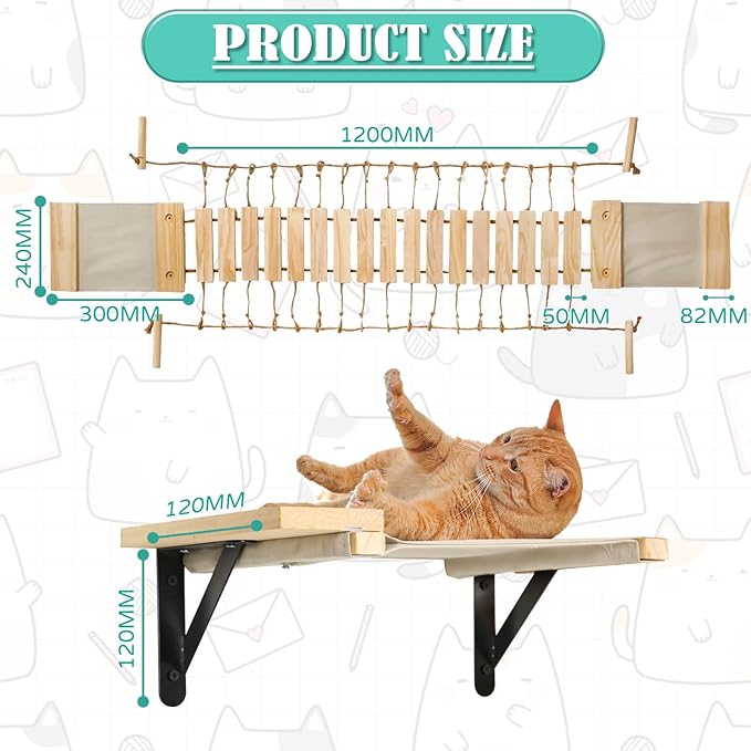 Calmbee Cat Wall Shelves, Cat Wall Furniture 70" Cat Bridge Wall Mount Cat Perch Wooden Hammock Cat Tree Cat Climber Cat Cloud Shelf Board Cats Bed
