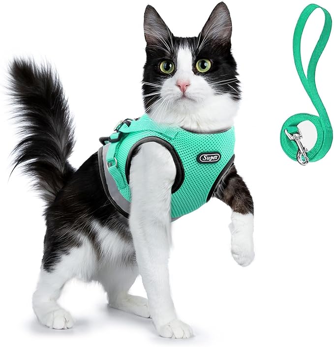 Supet Cat Harness and Leash Set - Soft Mesh Adjustable Cat Vest Harness with Reflective Strap for Walking Cat and Puppy Rabbit