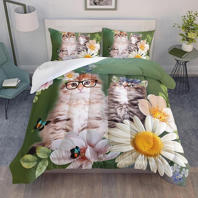 AILONEN Cats Bedding Set Queen Size with Wearing Black Glasses Fluffy Cat Print Comforter Set for Kids Girls, Daisy Flowers Butterfly Soft Breathable Duvet Set 3 Pieces, 1 Quilt and 2 Pillowcases