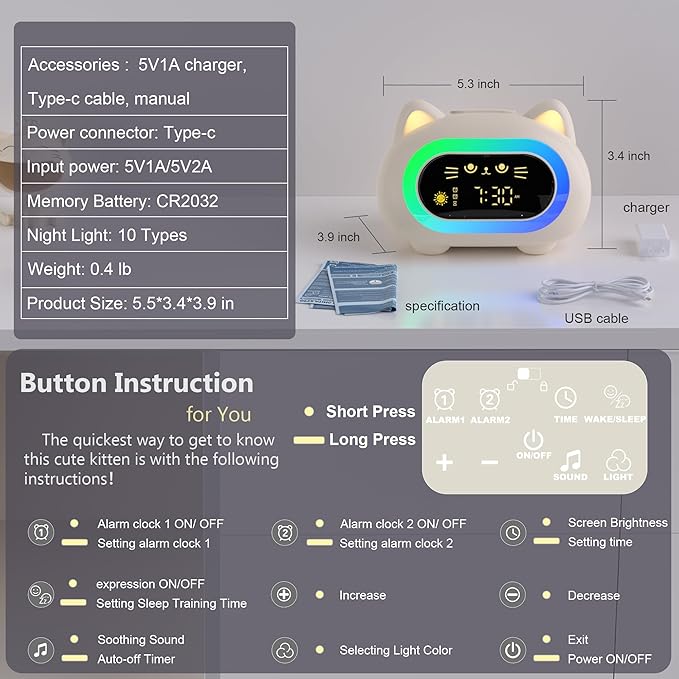Alarm Clock for Kids, Ok to Wake Clock for Kids with Eye Protection Sleep Training Auto Off Feature 10 Night Light Dual Alarm, Kids Alarm Clock for Girls and Boys, Cute Cat