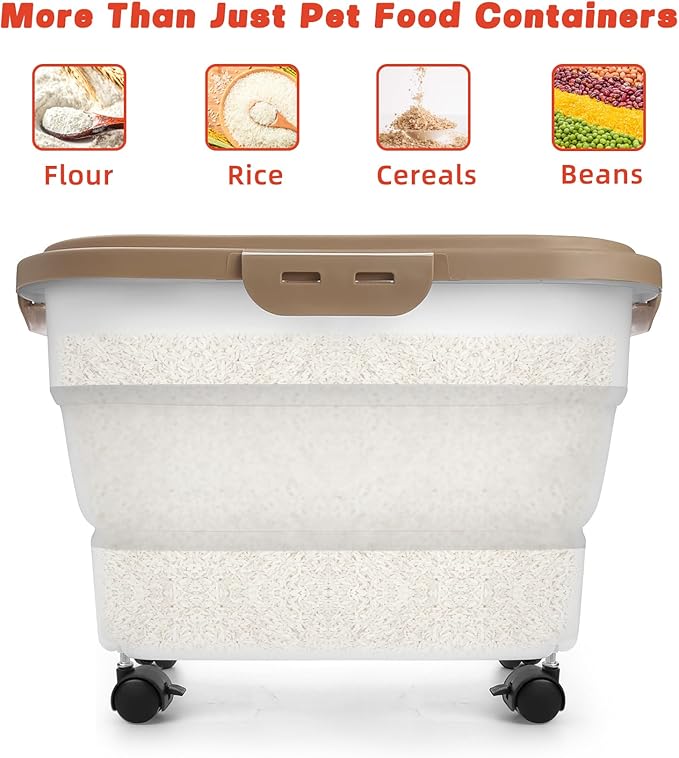 Airtight Pet Food Container, Collapsible Dog Food Storage Container 15-20 lb with Castors, Plastic Dog Food Bin with Pet Food Scoop & Measuring Cup for Dry Food Storage