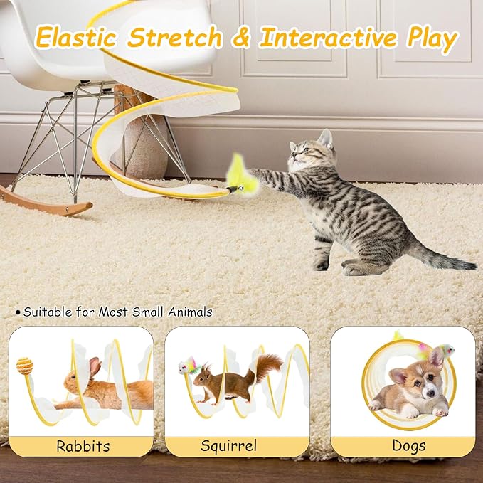 2 Packs Folded Cats Tunnel, Cats Tunnels Toy for Indoor Cats, Collapsible Cats Tubes Played Tunnel Spring Pet Cats Tunnel Bed Interactive Toys with Feather Mouse Hemp Ball for Kitten Yellow