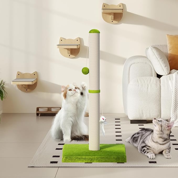 MeowHomm 32” Tall Cat Scratching Posts for Indoor Cats Adults with 2 Hanging Ball, Large Cat Scratch Post Cat Scratcher Includes Sisal Rope