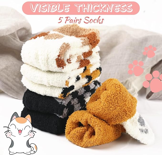 5 Pairs Fuzzy Cat Socks - Warm, Fluffy, Plush Winter Socks for Women