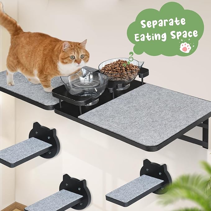 Cat Wall Shelves Set of 2, Cat Shelves and Perches for Wall, Cat Shelves Wall Mount for Large Cat, Cat Wall Furniture with 3 Cat Wall Steps, Cat Climbing Shelf, Cat Wall Shelf with 2 Cat Food Shelf