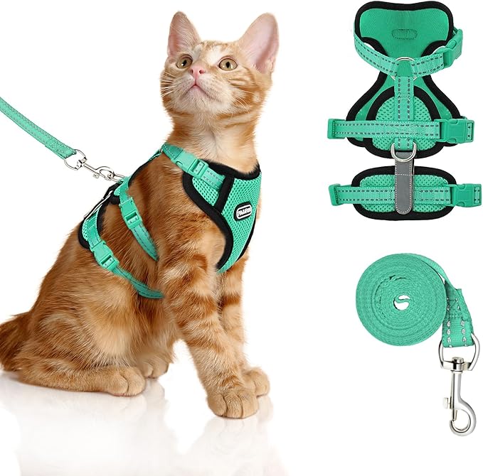 Cat Harness for Walking, Escape Proof Cat Harness and Leash Set with Reflective Strip, Adjustable Cat Leash Breathable Soft Vest for Small to Large Cats, Green, S