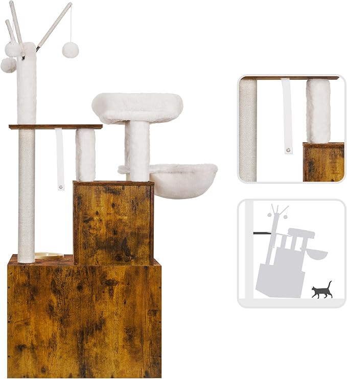 Heybly Cat Tree, Wood Litter Box Enclosure with Food Station, All-in-one Indoor Cat Furniture with Large Platform and Condo, Modern Style Cat Tower, Hammock, Rustic Brown HCT102SR