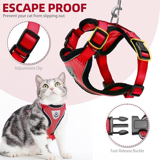 PUPTECK Cat Harness and Leash Set Escape Proof Reflective Cat Walking Harness Adjustable Soft Breathable Mesh Vest for Small Pets, Red, M