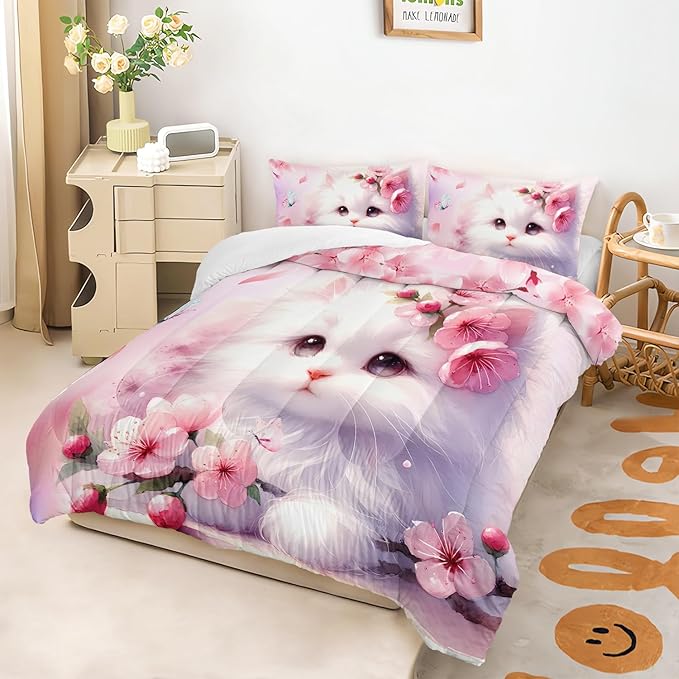 AILONEN Kids Twin Bedding Set, Pink Cherry Blossom Kitten Comforter Set for Girls, Kawaii Cat Duvet With 2 Pillowcases, 3 Piece Butterfly Soft Bedding