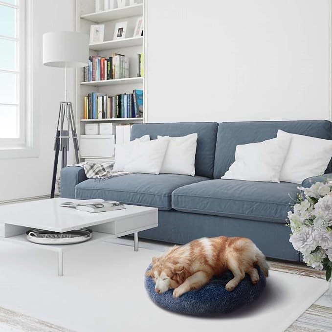 Max & Marlow Long Lush Faux-Fur, Anti-Anxiety Cuddler, Donut Dog & Cat Bed, Non Slip Bottom, Medium, Navy