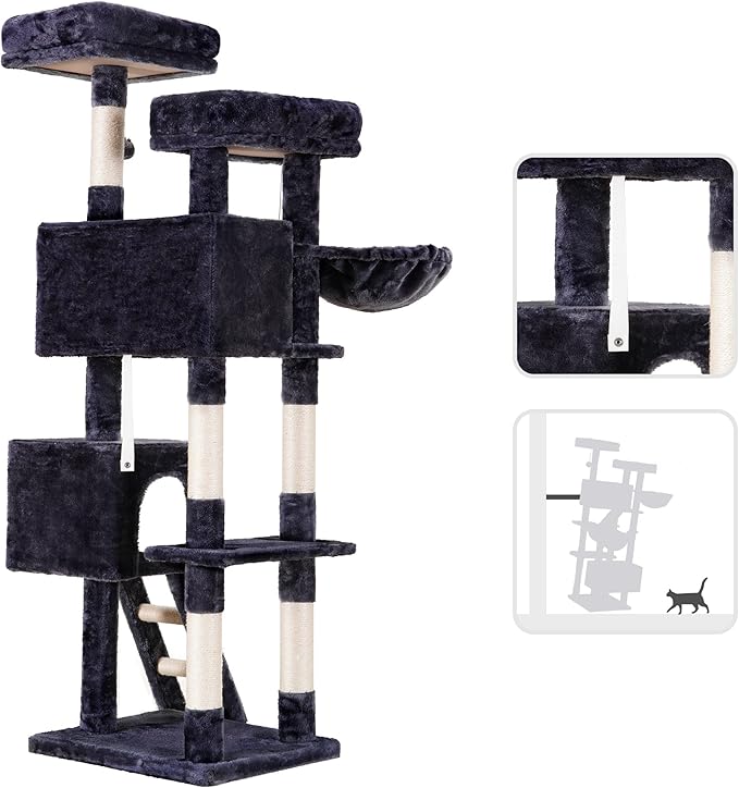Heybly Cat Tree, Cat Tower for Indoor Cats,Multi-Level Cat Furniture Condo for Large Cats with 2 Padded Plush Perch, Cozy Basket and Scratching Posts HCT023G