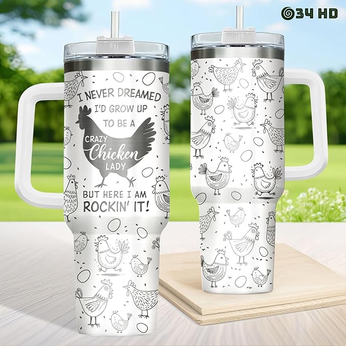 34HD Crazy Chicken Lady Tumbler with Handle and Straw, 40oz Engraved Mama Hen Coffee Mug with Lid, Funny Chicken Gifts for Girls Women on Birthday Mothers Day Christmas