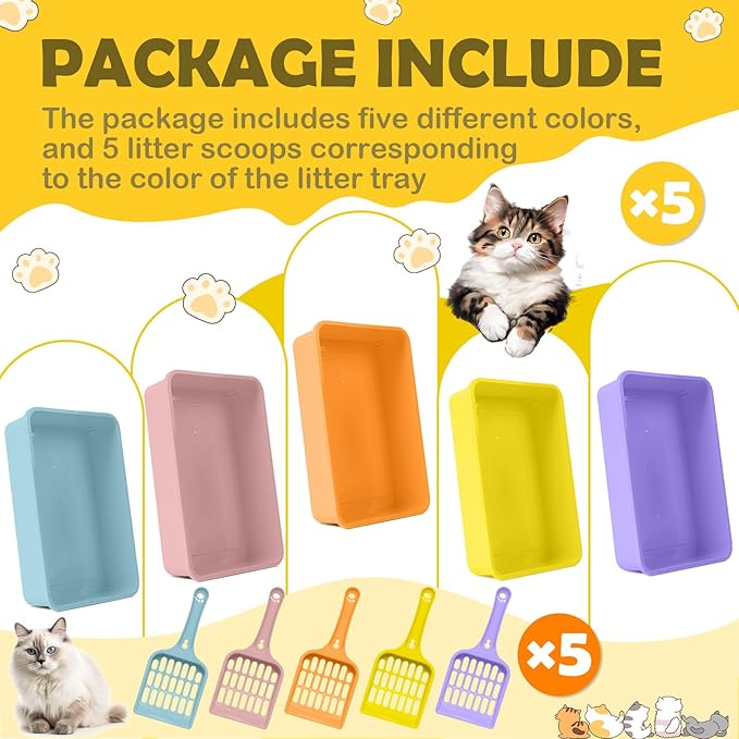 5 Pcs Kitten Small Litter Box Set, Open Cat Litter Box with 5 Scooper Medium，Cat Litter Box Large Portable Litter Box for Small Pet Kitty Supplies Little Cat 12.6 x 8.7 x 2.8 Inch