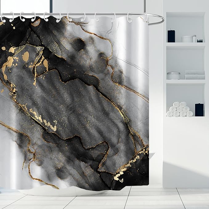AWERT Dreamy Ink Art Black Glod Marble Shower Curtain for Bathroom Modern High Definition Printing Waterproof Shower Curtain with Hooks Bathroom Decor 72x78inch