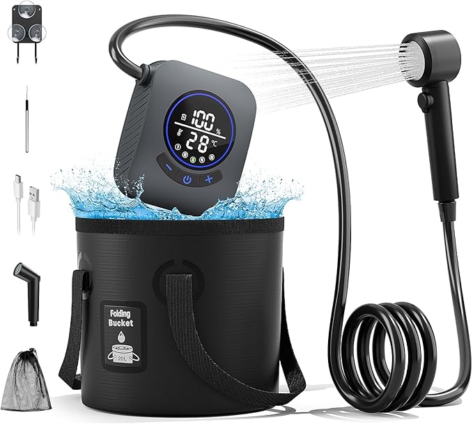8000mAh Portable Camping Shower, Upgrade Rechargeable Electric Shower Pump with 5 Gallon Bucket, Intelligent LED Display,Portable Shower for Outdoor