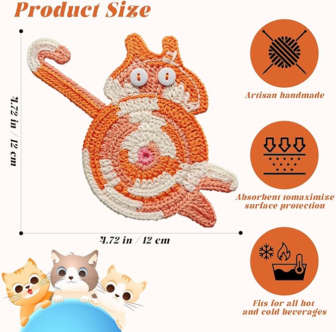 4Pcs Drink Coasters Cute Cat Design Coaster Funny Crochet Mug Coaster, Absorbent Hand Woven Drink Mat for Decoration, Lovers Gifts for Women Drink Cup Non-Slip Heat-Resistant (4Pcs)