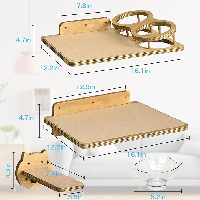 Cat Wall Shelves, Wood Cat Shelves for Wall with Cat Feeding Station, Cat Wall Furniture with 3 Cat Wall Steps, Cat Shelves and Perches, Wall Mounted Cat Climbing Shelf, Cat Lover Gift, 4 Board