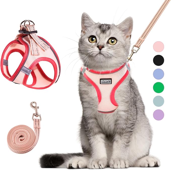 Cat Harness and Leash Set, Soft and Breathable Vest with Reflective Strip, Escape Proof Kitten Harness, Easy to Wear for Cats Walking and Traveling (Pink, XS)