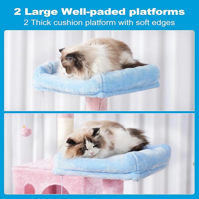 Hey-brother Large Multi-Level Cat Tree Condo Furniture with Sisal-Covered Scratching Posts, 2 Bigger Plush Condos, Perch Hammock for Kittens, Cats and Pets, Blue and Pink MPJ020BP