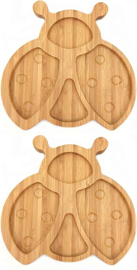 4916, Bamboo Food Plate for Snacks Appetizer Fruit Vegetable | Children Meal Plate | Picnic Kitchen Party | Eco-Friendly Plates, Ladybug Shaped, 8"x8.25", 2 Pack