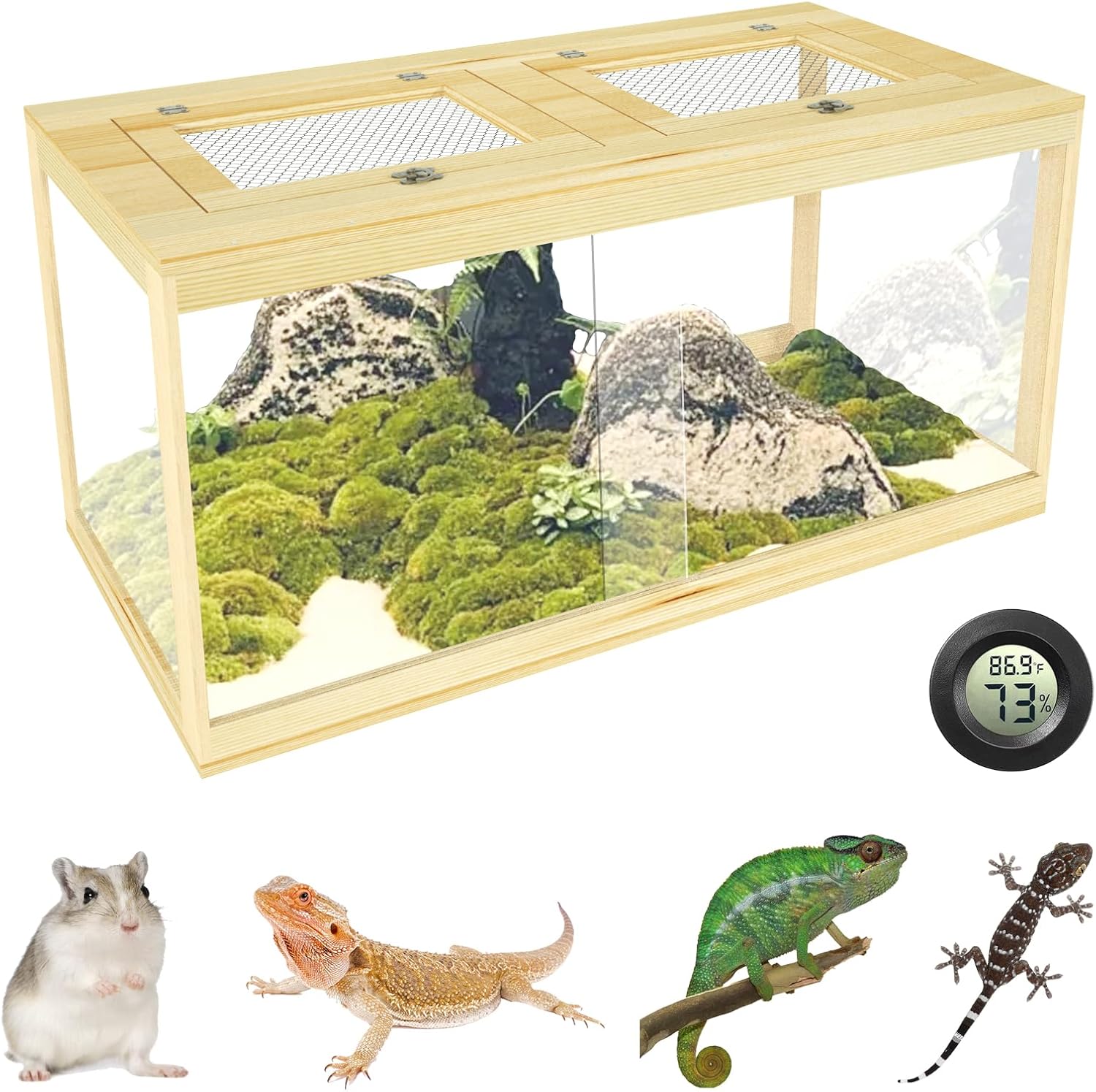 67 Gallon Reptile Tank - 40" Lockable Sliding Door Bearded Dragon & Snake Tank with Metal Mesh Roof, Front Opening Terrarium for Lizards, Leopard Gecko (Wood, 40" x 20" x 20")
