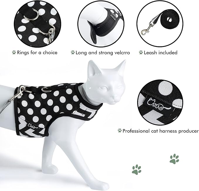 Cat Harness and Leash for Walking Escape Proof, Adjustable Cat Vest Harness, Padded Stylish Cat Walking Jackets, Polka Dot Black, Large