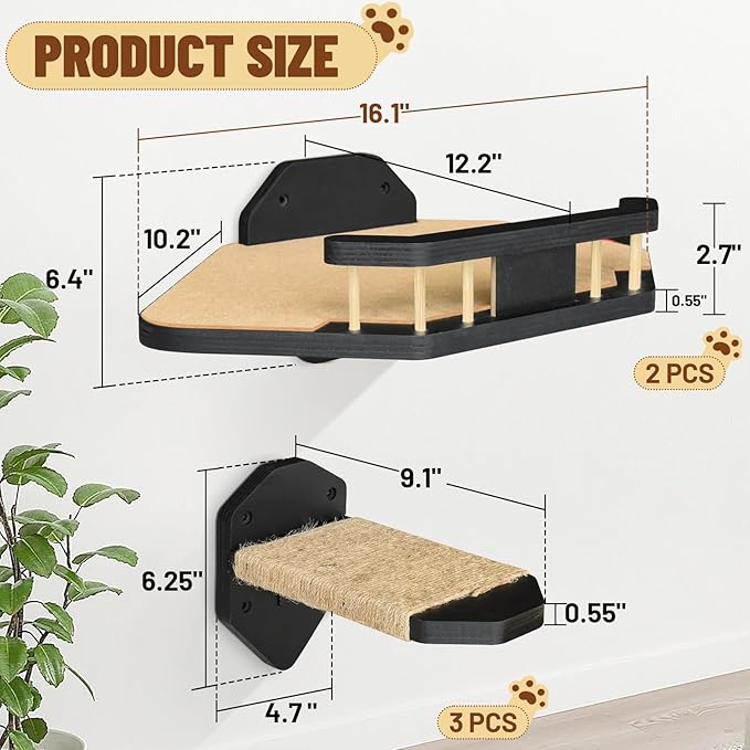 Cat Wall Furniture Wall Mounted, 2PCS Cat Shelves and Cat Perches for Wall with 3 Cat Wall Steps and Scratching Pad, Cat Wall Shelves Fit Cat Up to 15Lbs, Wood Cat Hammock Wall Mount (Black)
