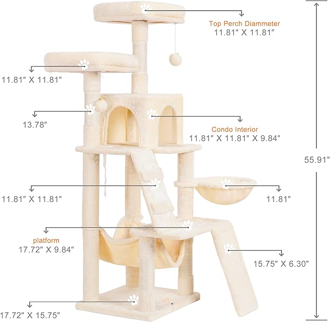 Heybly Cat Tree, Cat Tower for Indoor Cats,Multi-Level Cat Furniture Condo for Cats with Padded Plush Perch, Cozy Basket and Scratching Board Beige HCT014M