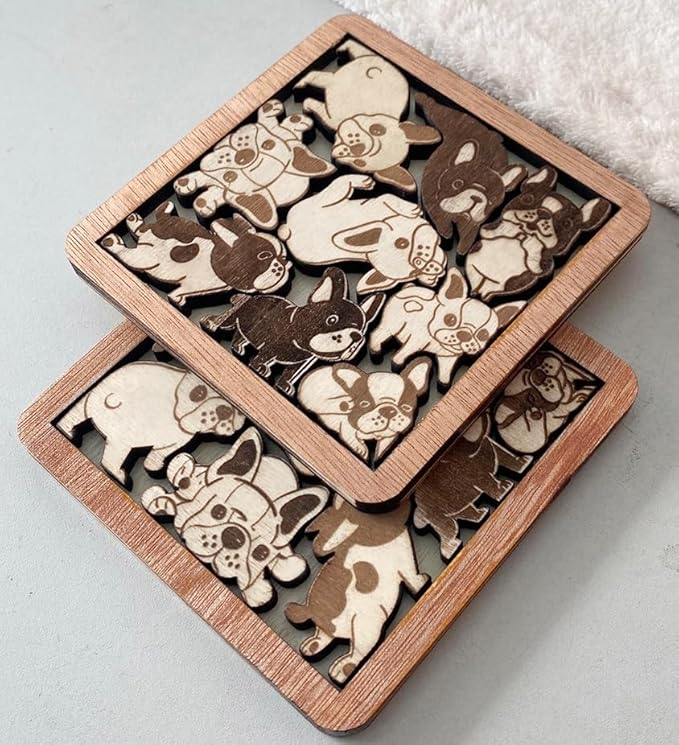 02 French Bulldog Dog Puzzle Wooden Coaster Set - Interlocking Jigsaw Drink Mats with Laser-Cut Design for Pet Lovers (02 French Bulldog Coasters)