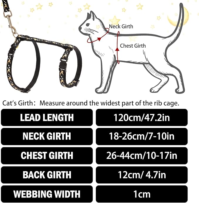 PUPTECK Adjustable Cat Harness and Leash Set Escape Proof Kitten Strap Collar for Walking Travel, Moon&Star
