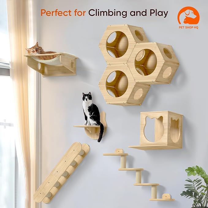 Cat Wall Shelves Furniture for Climbing - Cat House Wall Mounted - Indoor Wooden Floating Cat Furniture - Different Models Including Shelves, Perches, Hammock, Bed, Bridges, Walkways