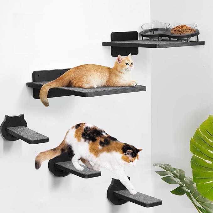 Cat Wall Shelves, Wood Cat Shelves for Wall with Cat Feeding Station, Cat Wall Furniture with 3 Cat Wall Steps, Cat Shelves and Perches, Wall Mounted Cat Climbing Shelf, Cat Lover Gift, 3 Board
