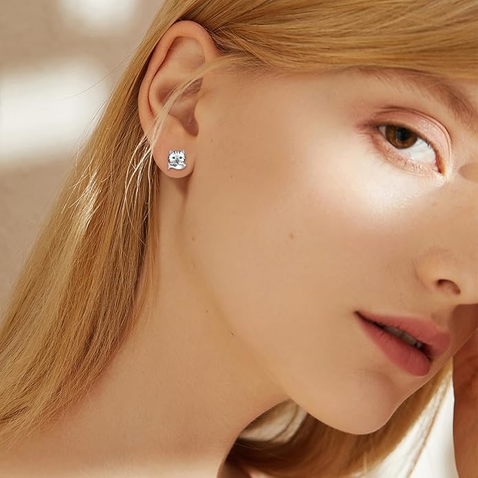 925 Sterling Silver Cat Earrings Cute Animal Kitten Stud Earrings cat Jewelry Gifts for Women Girls Hypoallergenic Earrings for Sensitive Ears