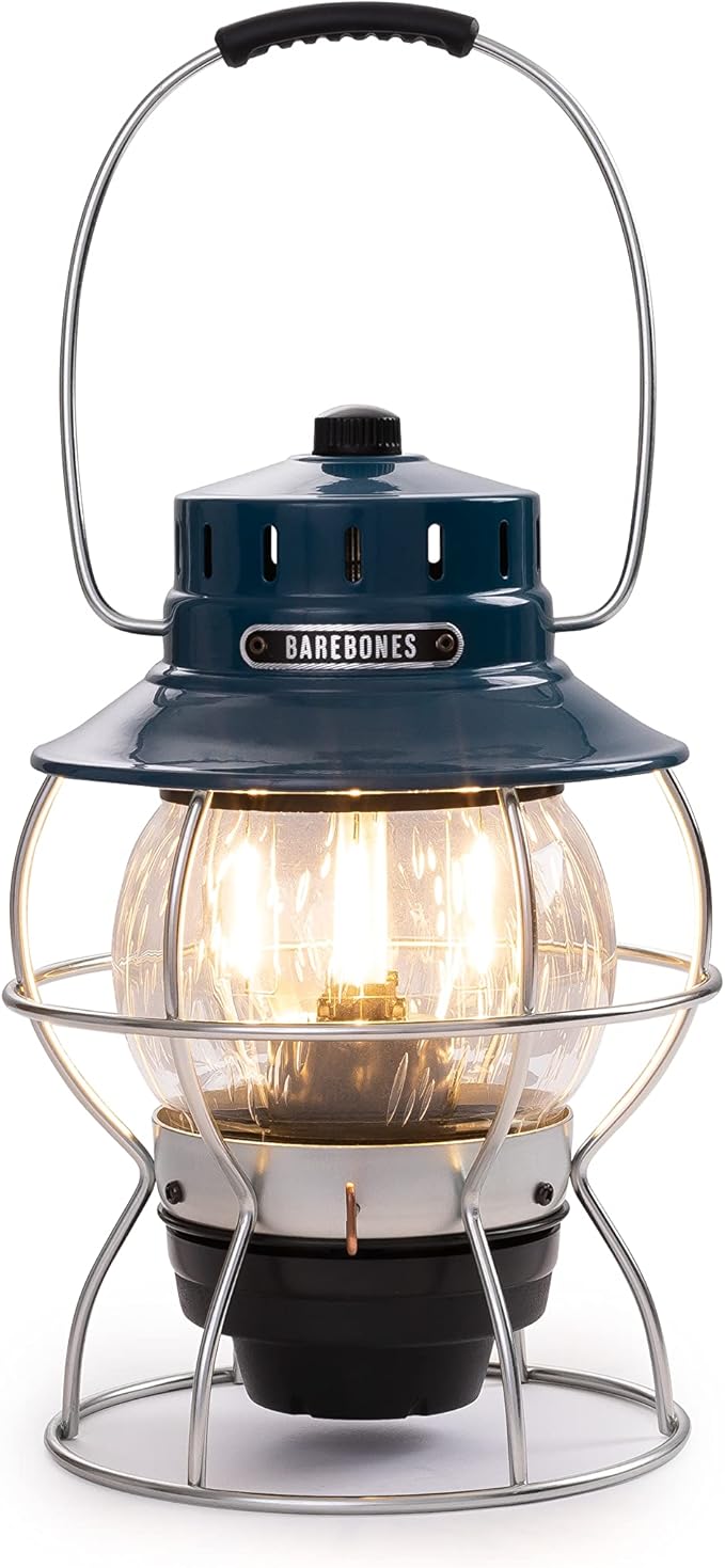Barebones Railroad Lantern – Ocean Blue, Vintage-Inspired LED Camping Lantern with Rechargeable Battery – Adjustable Brightness Outdoor Light for Camping Gear, Backyard, and Home Decor