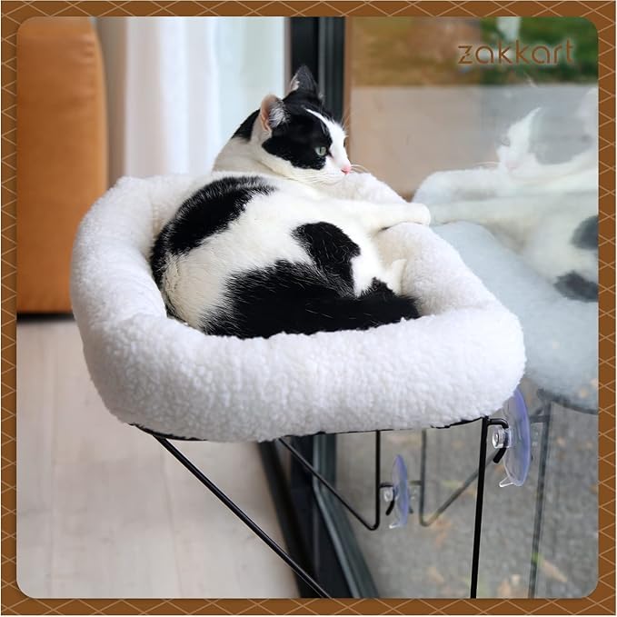 Cat Window Perch - 100% Metal Supported from Below - Comes with Warm Spacious Pet Bed - Cat Window Hammock for Large Cats & Kittens - for Sunbathing, Napping & Overlooking (White)